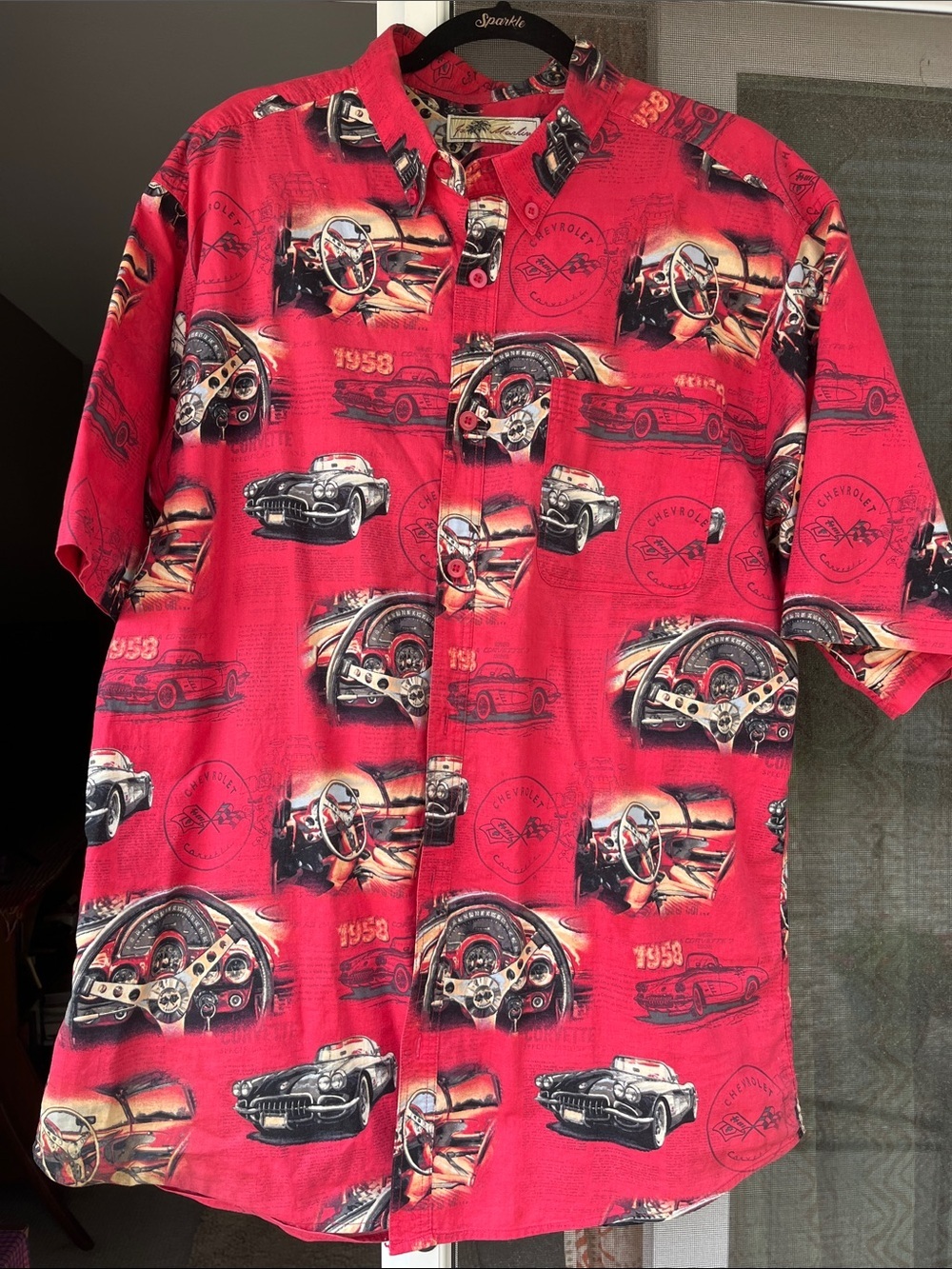 Joe Marlin Red 1958 Corvette Chevy Design Vintage Car Button Down XXL